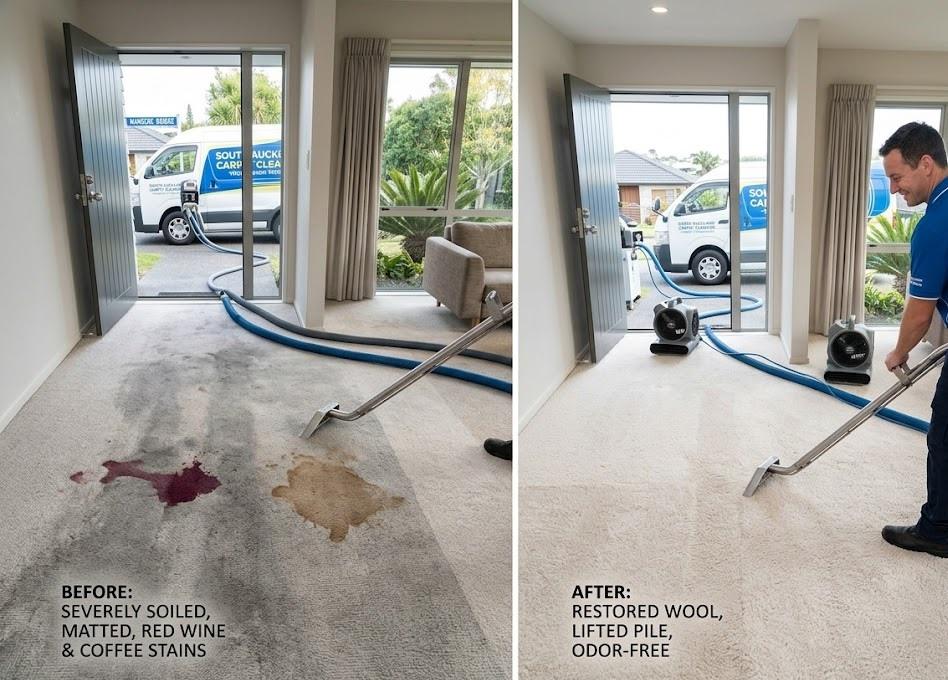 A split before and after comparison of professional carpet cleaning. The 'Before' panel on the left shows dirty wool carpet heavily stained with large red wine and coffee spots. The 'After' panel on the right displays the same carpet completely spotless, with a smiling technician actively using a truck-mount wand, illustrating "Restored Wool".