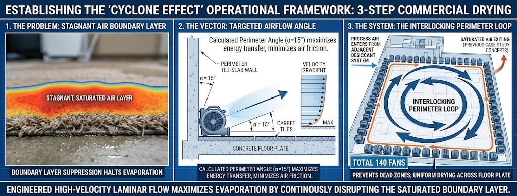A detailed technical infographic titled "ESTABLISHING THE 'CYCLONE EFFECT' OPERATIONAL FRAMEWORK: 3-STEP COMMERCIAL DRYING" by Auckland Commercial Flood Restoration. The infographic is split into three main steps:Step 1: Shows a cross-section of wet carpet and subfloor, illustrating how a stagnant, saturated air boundary layer prevents evaporation.Step 2: Features a technical vector diagram of an industrial air mover angled at a calculated $15^\circ$ vector toward the wall and subfloor, demonstrating the resulting engineered vortex and velocity gradient.Step 3: Shows a warehouse floor plan with a total of 140 industrial air movers configured in an interlocking perimeter loop, generating a high-velocity, continuous vortex that prevents dead zones and ensures uniform drying across the entirety of the open floor plate.A final caption at the bottom reads: "ENGINEERED HIGH-VELOCITY LAMINAR FLOW MAXIMIZES EVAPORATION BY CONTINUOUSLY DISRUPTING THE SATURATED BOUNDARY LAYER."