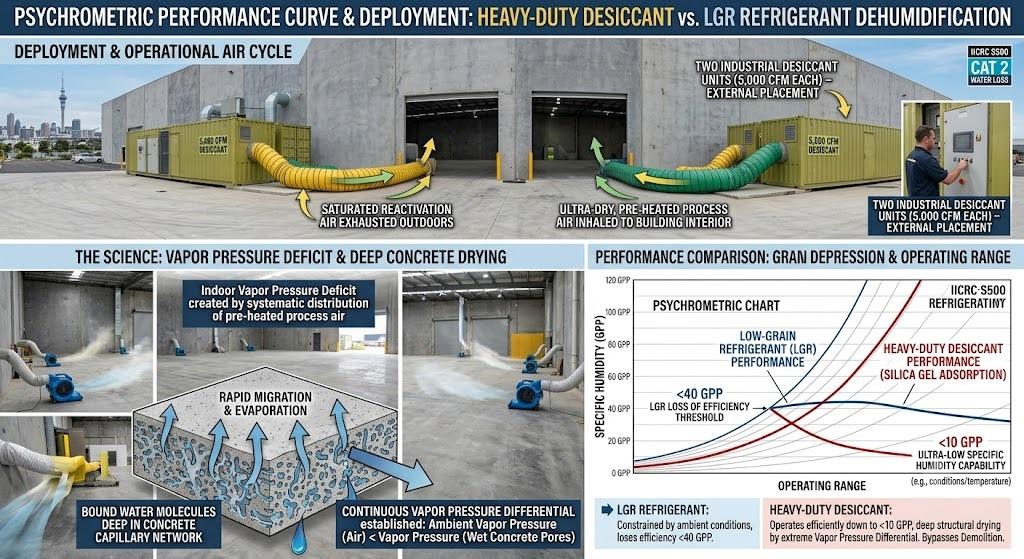 A detailed, realistic photograph-driven infographic comparing heavy-duty desiccant and LGR refrigerant dehumidification for Auckland commercial flood restoration. The overarching title is 'PSYCHROMETRIC PERFORMANCE CURVE & DEPLOYMENT: HEAVY-DUTY DESICCANT VS. LGR REFRIGERANT DEHUMIDIFICATION', with an 'IICRC S500 CAT 2 WATER LOSS' badge. The top panel, 'DEPLOYMENT & OPERATIONAL AIR CYCLE', shows two massive 5,000 CFM desiccant units on an exterior pad by a Mt Wellington warehouse with the Auckland skyline, detailing air flow with call-outs: 'SATURATED REACTIVATION AIR EXHAUSTED OUTDOORS' and 'ULTRA-DRY, PRE-HEATED PROCESS AIR INHALED TO BUILDING INTERIOR'. The center-left panel, 'THE SCIENCE: VAPOR PRESSURE DEFICIT & DEEP CONCRETE DRYING', shows an interior concrete cutaway diagram with water movement and labels: 'BOUND WATER MOLECULES DEEP IN CONCRETE CAPILLARY NETWORK', 'RAPID MIGRATION & EVAPORATION', and 'CONTINUOUS VAPOR PRESSURE DIFFERENTIAL established: Ambient Vapor Pressure (Air) < Vapor Pressure (Wet Concrete Pores)'. The center-right panel presents a high-resolution graph titled 'PERFORMANCE COMPARISON: GRAIN DEPRESSION & OPERATING RANGE', plotting SPECIFIC HUMIDITY (GPP) from 0 to 120. A blue line (LGR) curves and crosses a red line (Desiccant), marking: '<40 GPP LGR LOSS OF EFFICIENCY THRESHOLD' and '<10 GPP ULTRA-LOW SPECIFIC HUMIDITY CAPABILITY'. Summary boxes at bottom state: 'LGR REFRIGERANT: Constrained by ambient conditions, loses efficiency <40 GPP.' and 'HEAVY-DUTY DESICCANT: Operates efficiently down to <10 GPP, deep structural drying by extreme Vapor Pressure Differential. Bypasses Demolition.'