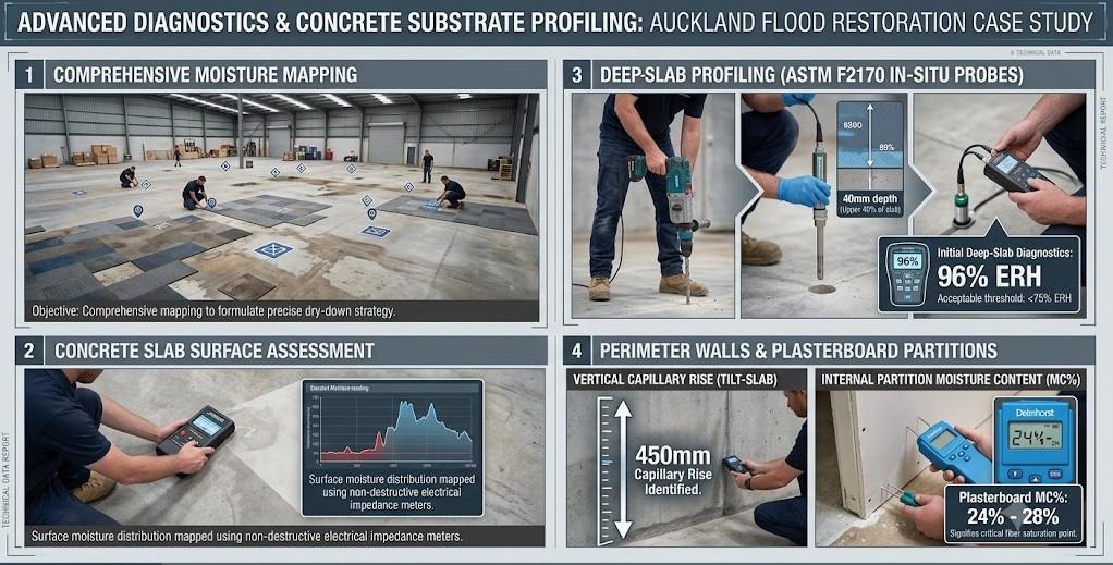 A detailed infographic for a case study on advanced diagnostics for Auckland flood restoration. The title is "ADVANCED DIAGNOSTICS & CONCRETE SUBSTRATE PROFILING: AUCKLAND FLOOD RESTORATION CASE STUDY." The infographic is divided into four main sections with realistic photos and data overlays. Top left illustrates comprehensive moisture mapping across a large warehouse floor with technicians and data points. Bottom left shows concrete slab surface assessment using a moisture meter and a data graph overlay. Top right focuses on deep-slab profiling using ASTM F2170 in-situ probes, detailing drilling, 40mm probe depth installation diagram, and an initial result of 96% ERH (equilibrium relative humidity), noting that acceptable threshold is less than 75% ERH. Bottom right details measurements on perimeter walls and plasterboard partitions, showing 450mm vertical capillary rise on concrete tilt-slab walls and 24%-28% MC (moisture content) on plasterboard. Text at bottom reads "Data-backed decisions for efficient structural drying." and includes an Auckland Restoration Group logo.