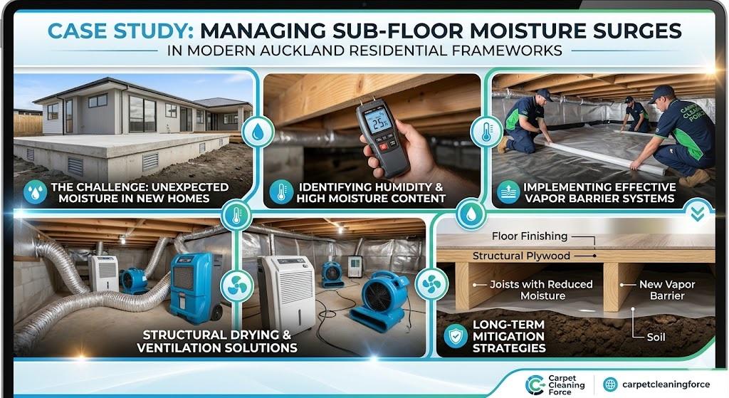An informative case study illustration titled "Managing Sub-floor Moisture Surges in Modern Auckland Residential Frameworks." The graphic uses a clean, illustrative style to show a modern house in Auckland experiencing sub-floor dampness. Key concepts like identifying moisture sources (drains, ground seepage) and implemented solutions (ventilation, dehumidification) are visualized with icons and diagrams.