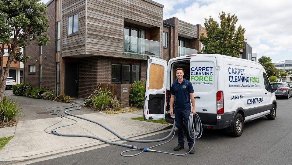 A high-resolution photograph of a uniformed 'Carpet Cleaning Force' technician smiling next to a branded service van in a modern residential area in Auckland. Commercial steam cleaning hoses extend from the van towards the properties, with contact number 021-877-504 visible on the side.