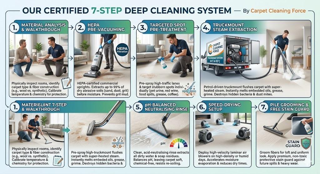 An infographic detailing the Certified 7-Step Deep Cleaning System by Carpet Cleaning Force. It lists seven numbered steps: 1. Material Analysis & Walkthrough, 2. HEPA Pre-Vacuuming, 3. Targeted Spot Pre-Treatment, 4. Truckmount Steam Extraction, 5. pH-Balanced Neutralising Rinse, 6. Speed-Drying Setup, and 7. Pile Grooming & Free Stain Guard. Each step is illustrated with realistic photos of technicians, equipment like vacuums, truckmount systems, and air blowers, accompanied by a short descriptive paragraph on the process.