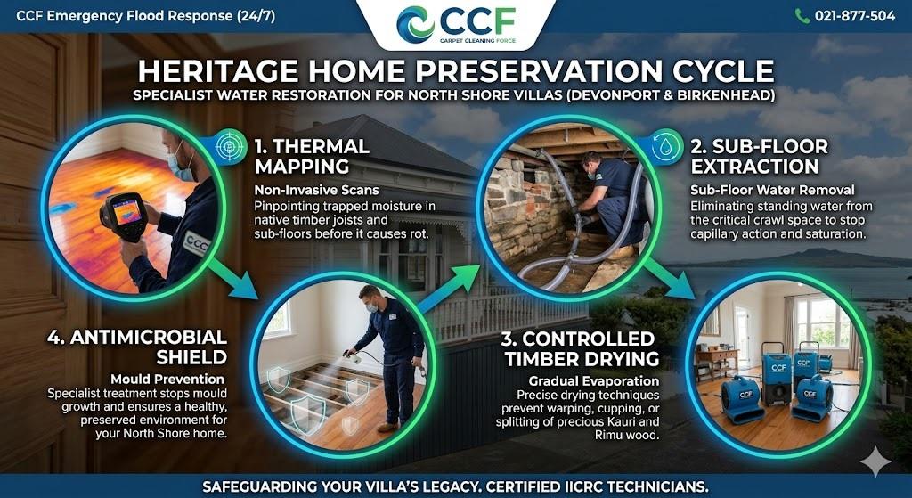 A professional 4-step infographic titled "Heritage Home Preservation Cycle" designed for North Shore villas. It features realistic photos of: 1. Thermal Mapping (detecting moisture in native timber floors), 2. Sub-Floor Extraction (removing water from a stone foundation crawl space), 3. Controlled Timber Drying (LGR dehumidifiers on Kauri floorboards), and 4. Antimicrobial Shield (technician applying mould preventative). The graphic emphasizes safeguarding the legacy of heritage homes in Devonport and Birkenhead.