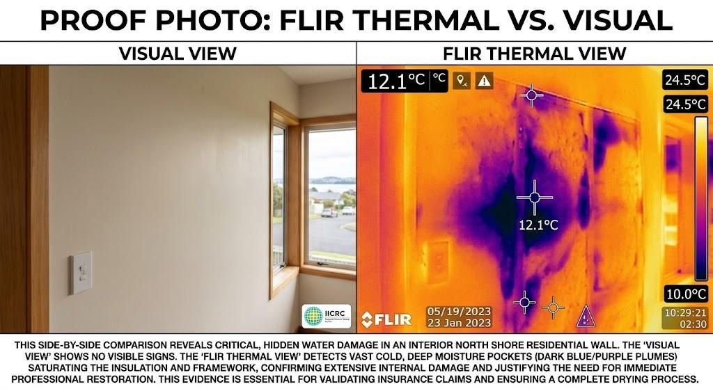 A side-by-side technical photo titled 'PROOF PHOTO: FLIR THERMAL VS. VISUAL'. The left 'VISUAL VIEW' shows a seemingly dry light beige North Shore residential wall with no visible damage. The right 'FLIR THERMAL VIEW' shows the exact same wall section revealing massive, hidden cold blue and purple moisture plumes (deep saturation) trapped within the internal structure and insulation, providing essential evidence to validate insurance claims. The FLIR reading shows a cold spot at 12.1°C.