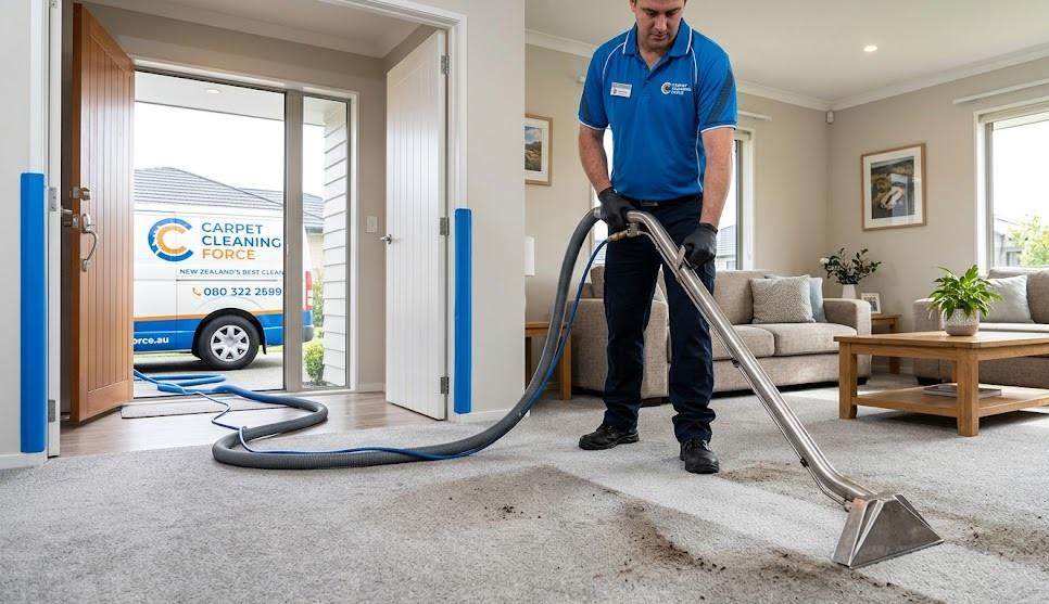 A professional Carpet Cleaning Force technician performs deep steam carpet cleaning in a Pakuranga, East Auckland home, using a heavy-duty extraction wand with the branded service van clearly visible in the driveway.