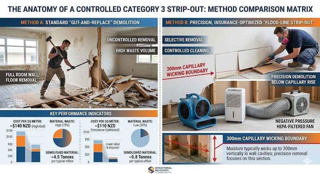 A side-by-side technical comparison infographic titled "The Anatomy of a Controlled Category 3 Strip-Out: Method Comparison Matrix". Method A features a photo of a standard "gut-and-replace" demolition with a worker using a sledgehammer, showing full-room wall and floor removal with high waste volumes. Method B features a photo of a precision, insurance-optimized "flood-line strip-out" showing a technician cleanly cutting drywall exactly along a marked 300mm capillary wicking boundary, paired with structural drying equipment including an air mover, dehumidifier, and a negative pressure HEPA-filtered fan. Key Performance Indicators charts at the bottom show Method A costing roughly 140 NZD per square meter with 4.5 tonnes of waste (75% material waste), while Method B drops costs to roughly 110 NZD per square meter with only 0.8 tonnes of waste (20% material waste). A structural inset diagram explains that moisture typically wicks up to 300mm vertically in wall cavities, justifying precision targeted removal.