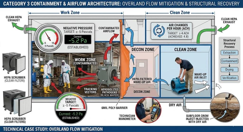A 2D cross-section technical infographic demonstrating Category 3 containment and airflow architecture for overland flow mitigation and structural recovery. The chart maps out three distinct containment areas: a contaminated Work Zone, a middle Decon Zone separated by a 6mil poly-barrier, and a Clean Zone. Technical data overlays show real-time target metrics including a negative pressure reading of -5.2 Pascals (exceeding the target of ≥ -5 Pa) and Air Changes Per Hour (ACH) tracking at 4.8 (exceeding the target of ≥ 4 ACH). Visual elements include realistic photos of technicians in hazmat suits using HEPA scrubbers, a technician checking a manometer, a worker deploying a structural air mover, and a diagram showing dry air injected into a subfloor.