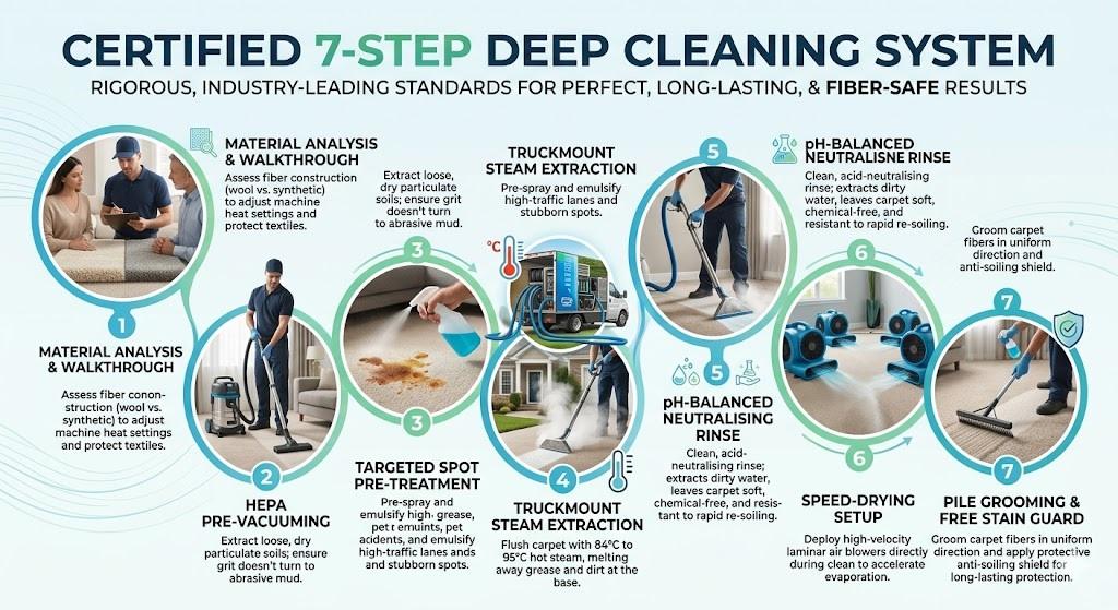 A detailed professional infographic illustrating Carpet Cleaning Force's Certified 7-Step Deep Cleaning System, localized for North Shore carpets. The comprehensive multi-panel visual explains each stage of the rigorous, industry-leading process: (1) Material Analysis & Walkthrough to assess wool vs. synthetic fibers and adjust machine settings; (2) HEPA Pre-Vacuuming to extract dry soils and prevent grit turning to mud; (3) Targeted Spot Pre-Treatment for stubborn spots and traffic lanes; (4) Truckmount Steam Extraction to melt grease and dirt at precise 84°C to 95°C temperatures; (5) pH-Balanced Neutralising Rinse to leave carpets soft, chemical-free, and resistant to re-soiling; (6) Speed-Drying Setup using laminar air blowers; (7) Pile Grooming & Free Stain Guard with uniform fiber direction and anti-soiling shield; and (8) a final step on Digital Asset Optimization, demonstrating web-ready and SEO-friendly local optimization with specific examples of an optimized filename and alt text for North Shore services. The infographic uses icons, photographic examples, and detailed text descriptions for each step to demonstrate the high-standards of the local North Shore service.