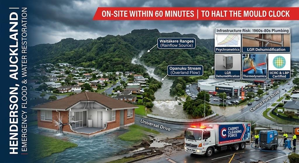 Emergency flood and water restoration hero image for Henderson, Auckland, featuring a split-screen visualization of environmental storm runoff from the Waitākere Ranges and internal plumbing failures in a 1970s brick-and-tile home. The graphic highlights IICRC-certified technical processes including LGR dehumidification and psychrometrics, alongside a Carpet Cleaning Force rapid response vehicle.