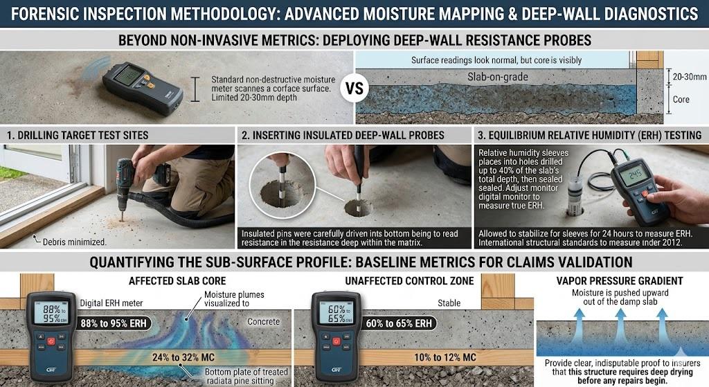 Infographic illustrating a forensic concrete moisture inspection methodology. The top panel compares a standard non-destructive moisture meter (limited to 20-30mm depth) with a cross-section of a concrete slab showing deep-core saturation. The middle panel shows a three-step process: drilling target test sites near a doorway, inserting insulated deep-wall probes, and Equilibrium Relative Humidity (ERH) testing using sealed sleeves and a digital meter. The bottom panel displays baseline metrics for claims validation, comparing an affected slab core (88% to 95% ERH, 24% to 32% timber moisture content) with an unaffected control zone (60% to 65% ERH, 10% to 12% timber moisture content), and visualizes the upward vapor pressure gradient.
