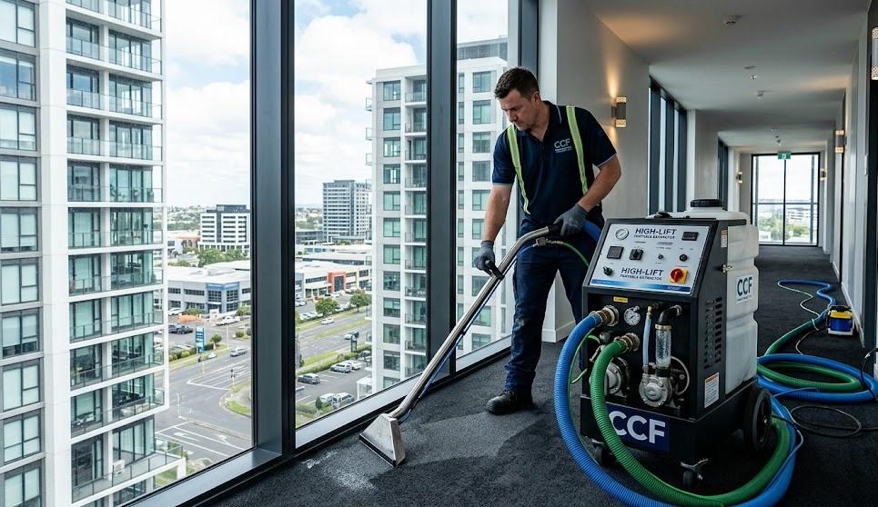 A photograph of a professional technician in a high-visibility uniform operating a large CCF 'High-Lift' carpet extraction machine in a modern apartment building hallway. Through large floor-to-ceiling windows, a dense urban skyline with multiple high-rise buildings is visible under a bright sky, illustrating the specialized equipment’s function for upper-floor access in commercial and residential towers.