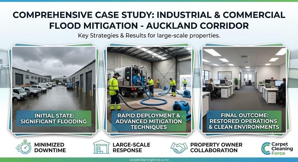 A three-panel infographic titled "Comprehensive Case Study: Industrial & Commercial Flood Mitigation - Auckland Corridor". The infographic features three realistic photos illustrating the restoration process: The first panel, labeled "Initial State: Significant Flooding," shows a heavily flooded industrial exterior with submerged vehicles. The second panel, "Rapid Deployment & Advanced Mitigation Techniques," shows technicians using water extraction machinery inside a warehouse. The third panel, "Final Outcome: Restored Operations & Clean Environments," shows a fully restored, clean, and active corporate office. The bottom of the graphic includes icons for "Minimized Downtime," "Large-Scale Response," and "Property Owner Collaboration," alongside the Carpet Cleaning Force logo.