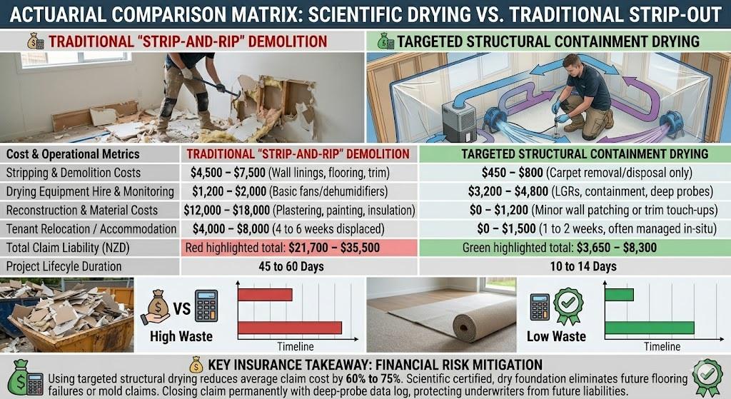 An insurance actuarial comparison infographic titled "Actuarial Comparison Matrix: Scientific Drying vs. Traditional Strip-Out". The top left section features a realistic photo representing traditional "Strip-and-Rip" demolition, showing a worker using a sledgehammer to smash wet plasterboard with exposed insulation and debris on the floor. The top right section depicts "Targeted Structural Containment Drying" via a 3D schematic diagram of a plastic containment tent with controlled airflow vectors and a technician using a deep probe meter. The middle contains a detailed financial table comparing operational metrics in NZD, highlighting a total claim liability of $21,700 to $35,500 for traditional strip-outs over 45 to 60 days, versus $3,650 to $8,300 for targeted structural drying over 10 to 14 days. The bottom panel includes bar charts contrasting high waste timelines against low waste timelines, alongside an insurance key takeaway banner emphasizing a 60% to 75% reduction in average claim costs and permanent risk mitigation against future mold liabilities.