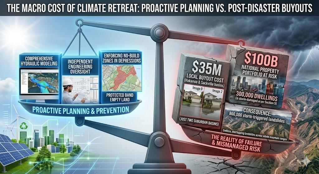 A dramatic photorealistic infographic titled 'THE MACRO COST OF CLIMATE RETREAT: PROACTIVE PLANNING VS. POST-DISASTER BUYOUTS' featuring a visual balance scale that is crushed on the right side. The left pan, labeled 'PROACTIVE PLANNING & PREVENTION', holds three lighter, glowing blocks representing investments in prevention: 'COMPREHENSIVE HYDRAULIC MODELING' (showing a computer water flow simulation over an Auckland map), 'INDEPENDENT ENGINEERING OVERSIGHT' (an engineer with a hard hat reviewing schematics), and 'ENFORCING NO-BUILD ZONES IN DEPRESSIONS' (a map marking protected empty floodplains). The right pan, labeled 'THE REALITY OF FAILURE & MISMANAGED RISK', is crushed way down by enormous, fractured gray blocks representing crushing costs and consequences: '$35M LOCAL BUYOUT COST (Hakanoa & Sackville basins)' (a photo insert of the realistic suburban homes marked for buyout on a submerged street), '$100B NATIONAL PROPERTY PORTFOLIO AT RISK' (a truly enormous block with visual of damaged city skylines and data text '300,000 DWELLINGS'), and 'CONSEQUENCE: 860,000 storm-triggered landslides' (a panoramic photo of a vast landscape completely scarred by endless landslides). The graphic is visually intense and facts-driven, integrating multiple complex datasets and photorealistic imagery into a singular visual narrative about mismanaged risk vs. prevention investment.