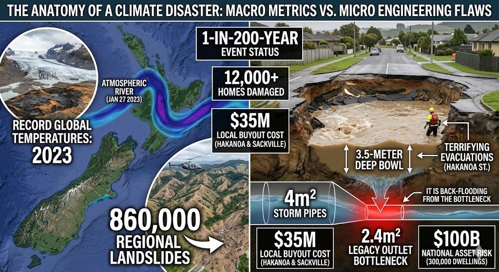 A detailed photographic infographic titled "The Anatomy of a Climate Disaster: Macro Metrics vs. Micro Engineering Flaws." The split layout contrasts the large-scale climate drivers of the 2023 Auckland Anniversary floods (atmospheric river, 860,000 regional landslides, global temperatures) with a localized engineering case study. The micro view forensic shows a suburban street collapsed into a 3.5-meter deep bowl due to a legacy pipe bottleneck (4m2 storm pipes constricting to 2.4m2), illustrating "territory evacuations" and hydraulic pressure failures. It highlights key data points: 1-in-200-year event, 12,000+ homes damaged, $35M local buyout cost, and $100B national asset risk.