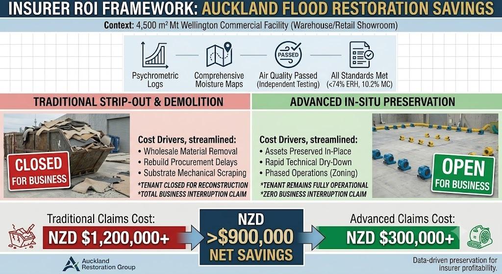 An infographic from the Auckland Restoration Group comparing two flood restoration methods for a 4,500 m² Mt Wellington Commercial Facility. The graphic contrasts "TRADITIONAL STRIP-OUT & DEMOLITION" (Tenant Closed, Total Business Interruption Claim) with "ADVANCED IN-SITU PRESERVATION" (Tenant Operational, Zero Business Interruption Claim). It includes a four-step process verification section (Psychrometric Logs, Moisture Maps, Air Quality Passed, Standards Met) and highlights a comparison of claims costs: NZD $1,200,000+ for traditional methods versus NZD $300,000+ for advanced methods, resulting in "NZD >$900,000 NET SAVINGS." Includes the tagline "Data-driven preservation for insurer profitability."