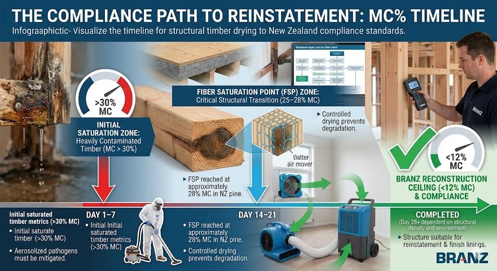 A technical timeline infographic titled 'THE COMPLIANCE PATH TO REINSTATEMENT: MC% TIMELINE' that visualizes the structural timber drying progress to New Zealand compliance standards. The timeline maps four critical phases with data points: First, Initial Saturation Zone (>30% MC) shown with water dripping from heavily contaminated timber (labeled Day 1-7); Second, Fiber Saturation Point (FSP) Zone (25–28% MC) showing the critical structural transition in NZ pine (Day 14-21); Third, the target BRANZ Reconstruction Ceiling (<12% MC) featuring a technician using a digital moisture meter with an '11.8% MC' reading; Fourth, a 'COMPLETED' verification (Day 28+). Visual elements include photos of technicians in full PPE using water extraction equipment, air movers, and LGR dehumidifiers actively running, with green arrows illustrating controlled airflow for structural drying. A diagram shows dry air injected into a subfloor cross-section, with a final green checkmark indicating structural suitability for reinstatement and finish linings, validated by BRANZ.