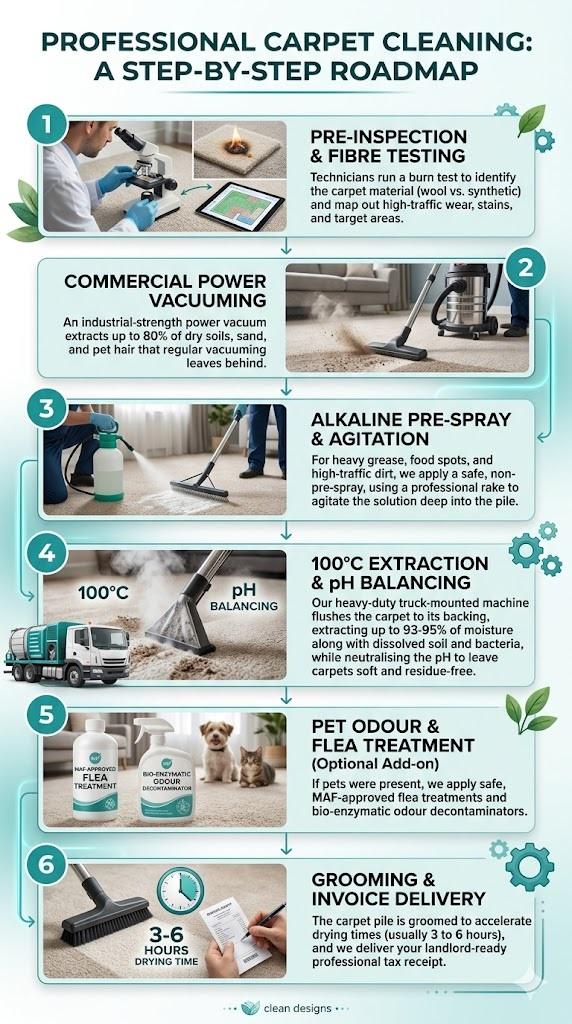 An infographic detailing a six-step professional carpet cleaning process. The vertical roadmap, featuring green icons and clean illustrations, covers pre-inspection and fibre testing, commercial power vacuuming, alkaline pre-spray and agitation, high-temperature extraction and pH balancing, optional pet odour and flea treatment, and final grooming with invoice delivery. The main title reads 'PROFESSIONAL CARPET CLEANING: A STEP-BY-STEP ROADMAP'.