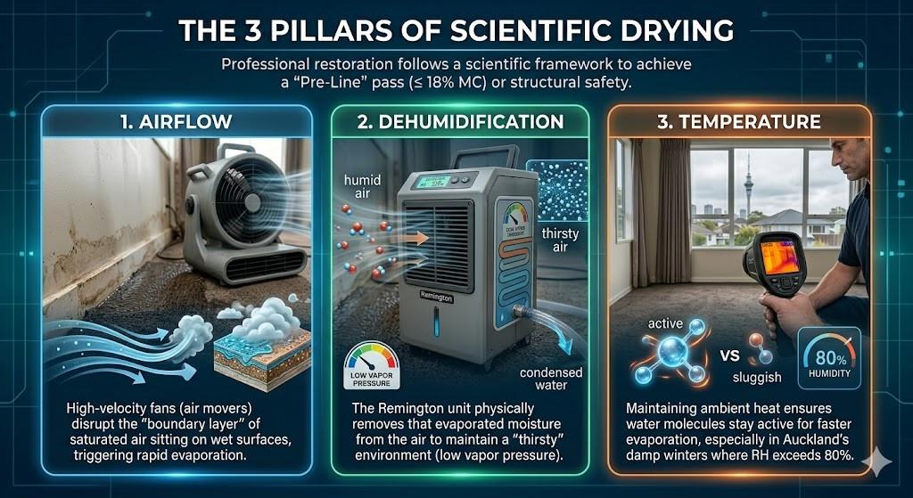 A professional infographic titled "The 3 Pillars of Scientific Drying" detailing a scientific framework for flood restoration and achieving a pre-line pass. The image features three main illustrated panels with corresponding photos and descriptions: 1. Airflow (high-velocity fans disrupting the boundary layer of saturated air on a wet carpet), 2. Dehumidification (a Remington LGR unit physically removing evaporated moisture to maintain a thirsty, low vapor pressure environment), and 3. Temperature (managing ambient heat for faster evaporation, set against an Auckland skyline with a technician using an infrared camera).