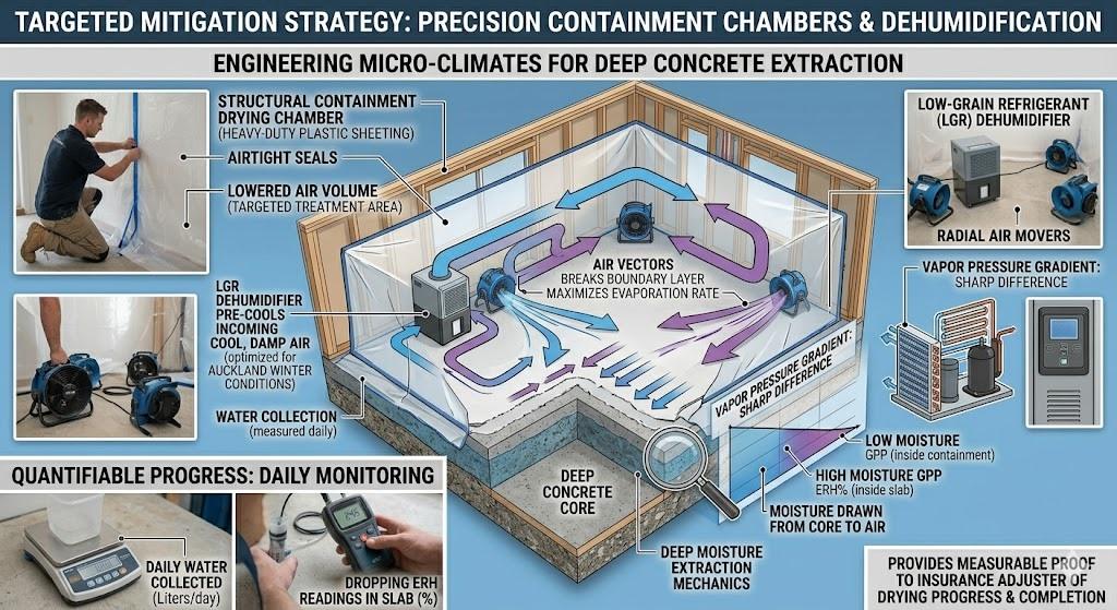 A technical structural drying infographic titled "Targeted Mitigation Strategy: Precision Containment Chambers & Dehumidification". The central image features a 3D isometric cutaway diagram of a room showing heavy-duty plastic sheeting creating a targeted containment chamber over an affected concrete slab edge. Inside the chamber, blue and purple air vectors simulate airflow generated by an LGR dehumidifier and radial air movers to break the boundary layer and increase evaporation. Surrounding panels include realistic photos of a technician sealing plastic sheeting, high-capacity drying equipment, a daily water collection scale measuring liters per day, an ERH meter monitoring the slab's core, and a diagram explaining the sharp vapor pressure gradient required to extract deep subsurface moisture.