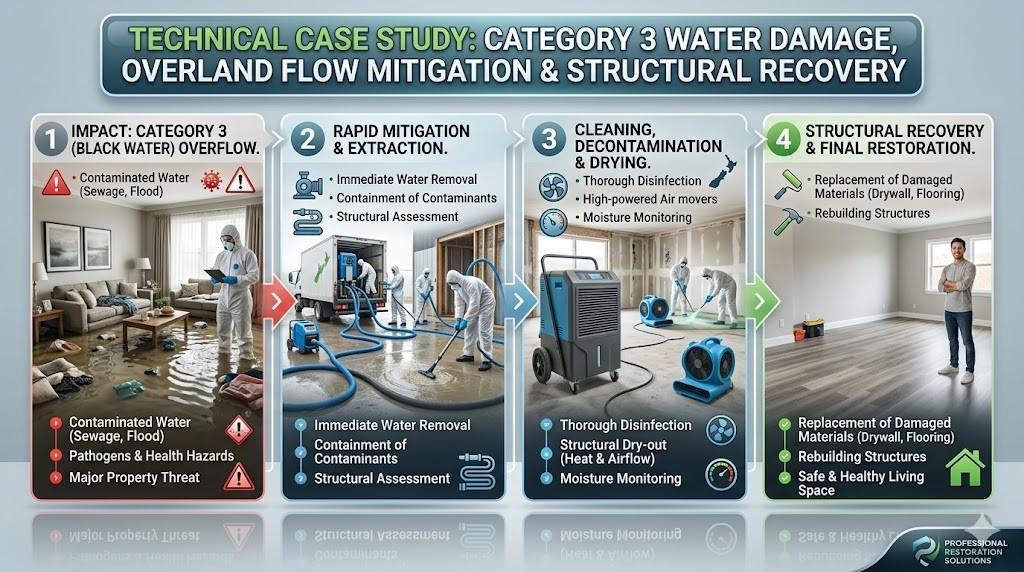 An infographic titled "Technical Case Study: Category 3 Water Damage, Overland Flow Mitigation & Structural Recovery." It is divided into four numbered sections with realistic photographs. Section 1, "IMPACT," shows a technician in PPE assessing a flooded living room, with text referencing contaminated black water, pathogens, and property threats. Section 2, "RAPID MITIGATION," depicts technicians using truck-mounted equipment and pumps to remove water and moisture from a stripped-out space. Section 3, "CLEANING, DECONTAMINATION & DRYING," features industrial dehumidifiers, high-powered air movers, and workers applying antimicrobial treatments with icons for disinfection and moisture monitoring. Section 4, "STRUCTURAL RECOVERY," displays a fully restored, clean living space with new flooring and painted walls, a smiling homeowner, and text detailing structural rebuilding and a safe living environment. The overall style uses a green and blue color scheme with modern graphic overlays, connecting arrows, and a "Professional Restoration Solutions" logo.