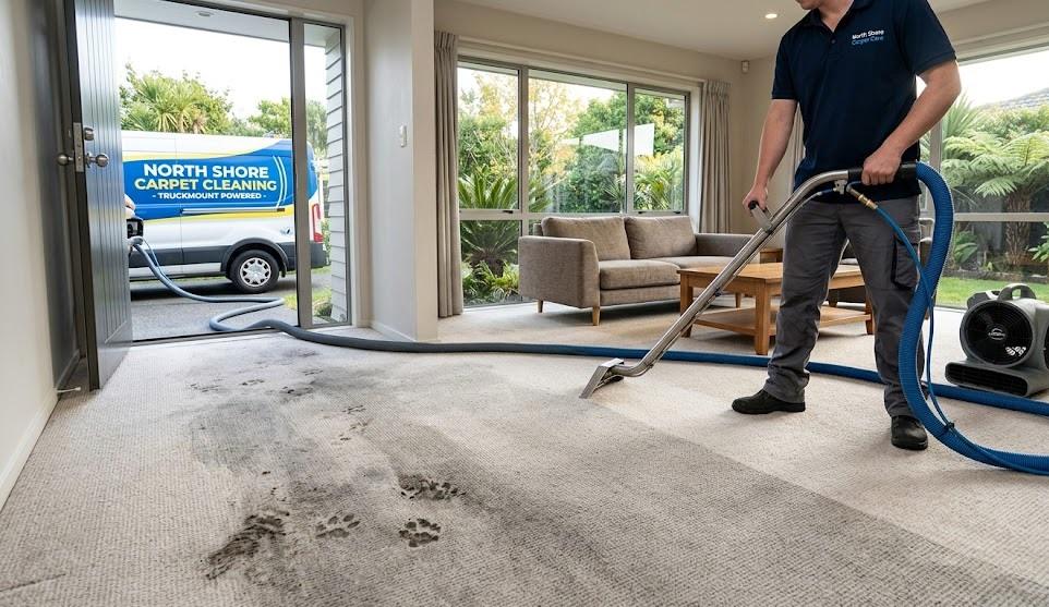 A North Shore carpet cleaning technician uses a petrol-driven truckmount system for hot water extraction on a wool carpet in a Takapuna home.