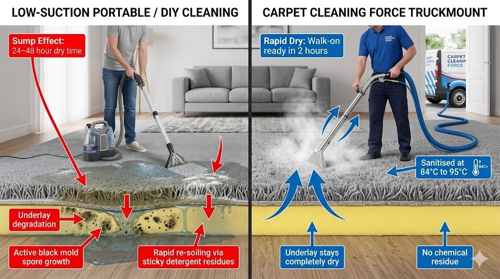 A comparative cross-section diagram showing the difference between DIY carpet cleaning which leaves underlay wet and prone to mold, versus Carpet Cleaning Force truckmount steam cleaning in East Auckland which uses high-heat sanitization and leaves the underlay dry.
