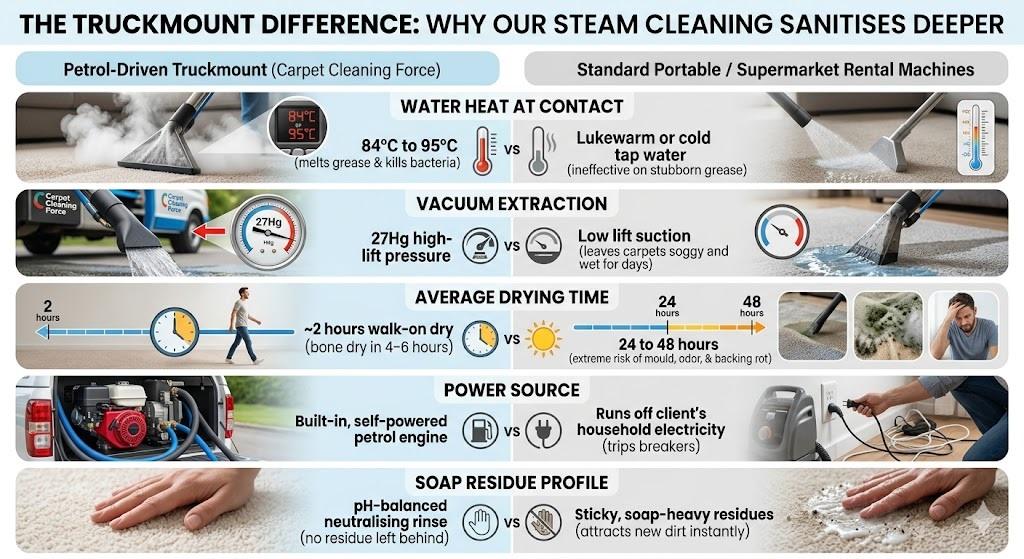 A detailed professional infographic illustrating Carpet Cleaning Force's Certified 7-Step Deep Cleaning System, localized for North Shore carpets. The multi-panel visual explains each stage of the rigorous, industry-leading process: (1) Material Analysis & Walkthrough to assess wool vs. synthetic fibers and adjust machine settings for specific textile types; (2) HEPA Pre-Vacuuming to extract dry soils from high-traffic North Shore homes; (3) Targeted Spot Pre-Treatment for common North Shore stains; (4) Truckmount Steam Extraction using powerful 84°C to 95°C hot steam to melt grease and dirt; (5) pH-Balanced Neutralising Rinse to leave carpets soft and chemical-free, preventing rapid re-soiling; (6) Speed-Drying Setup with laminar air blowers for minimal disruption in your North Shore home; (7) Pile Grooming & Free Stain Guard application for long-lasting protection of North Shore carpets; and (8) a final step on Digital Asset Optimization, demonstrating SEO-friendly practices for local North Shore businesses with an example optimized filename and descriptive alternative text for North Shore carpet cleaning services. The infographic uses icons, real-world photo examples, and clear descriptions for each step to demonstrate the high standards and localized service of Carpet Cleaning Force on the North Shore.