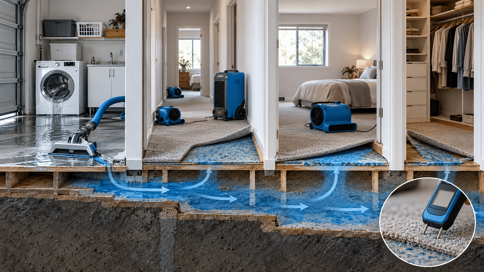 Technical visual showing a washing-machine leak travelling from garage to hallway, bedroom and wardrobe, with extraction, drying and moisture verification