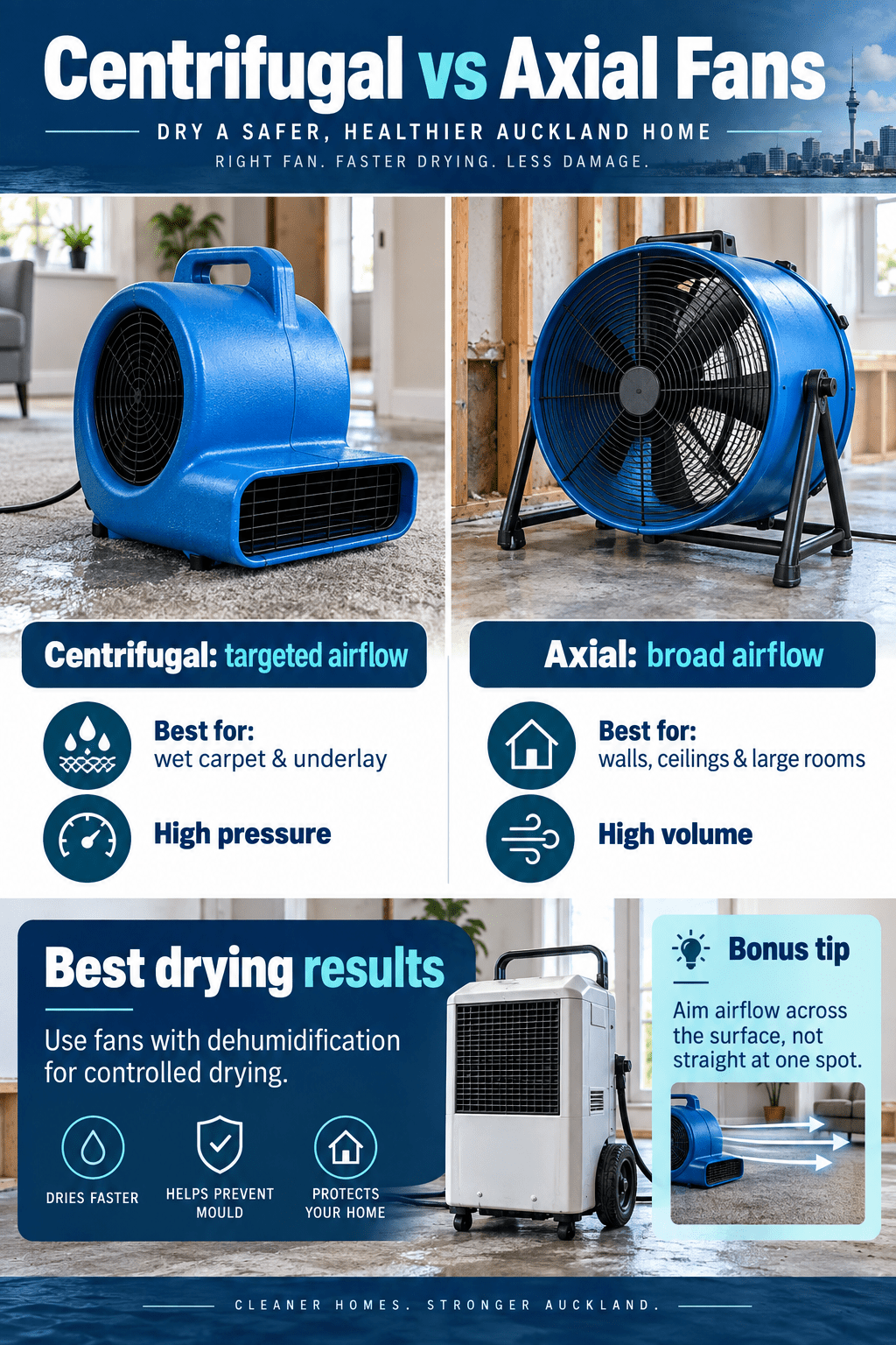 Centrifugal versus axial fans for Auckland flood drying: targeted carpet airflow versus broad structural airflow