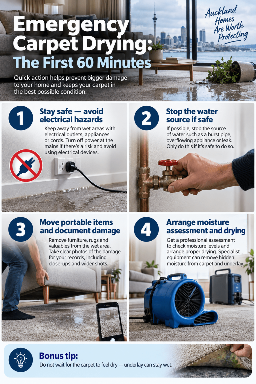 Vertical infographic explaining the first 60 minutes after carpet water damage in Auckland