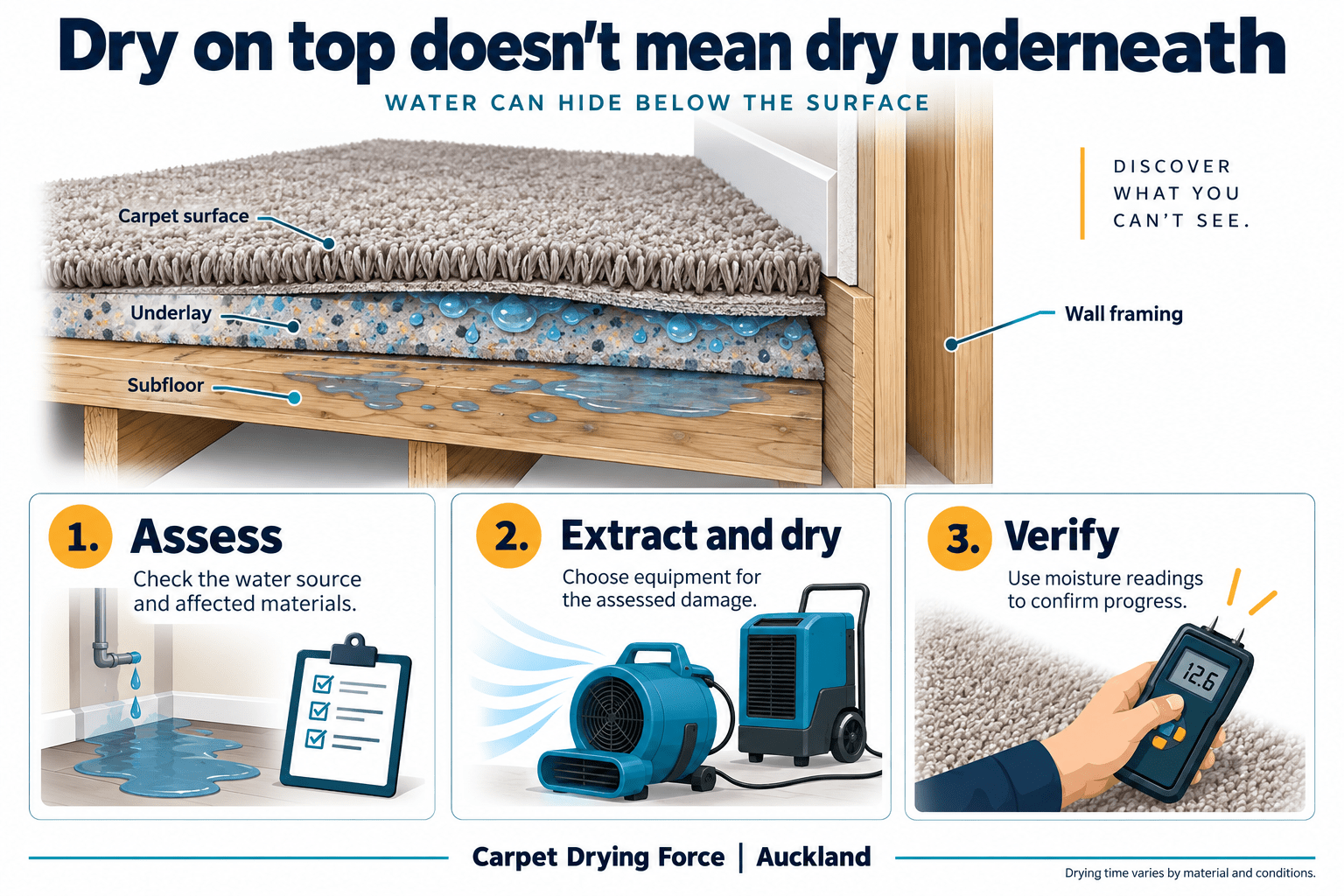 Infographic showing why a dry carpet surface can conceal moisture in the underlay, subfloor and wall framing