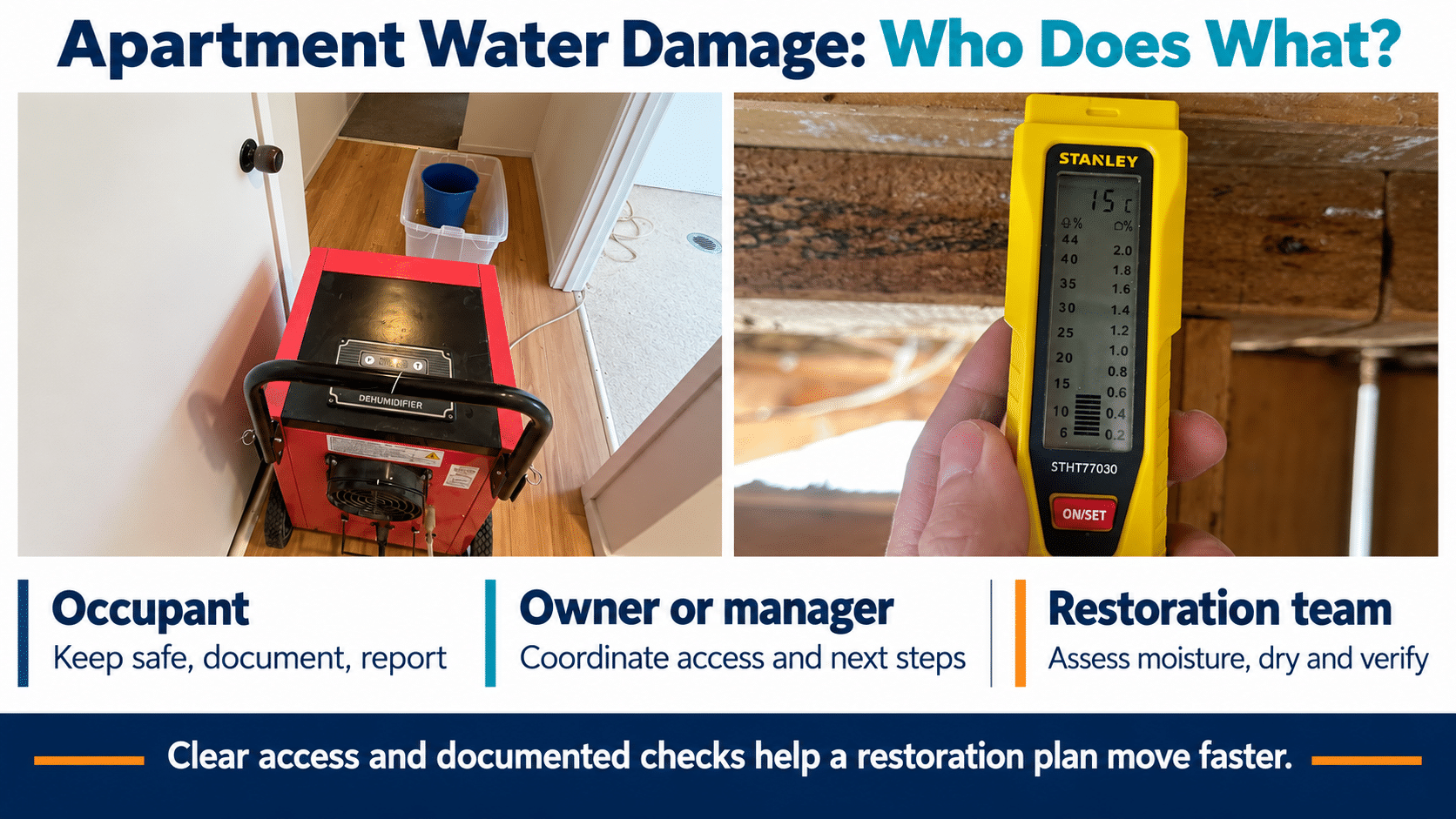 Apartment water damage responsibilities infographic using real restoration-job photos