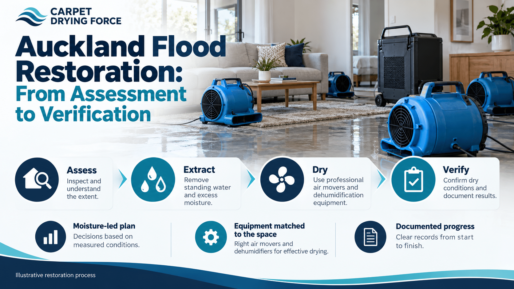Illustrative Auckland flood restoration process from assessment and extraction through drying and verification