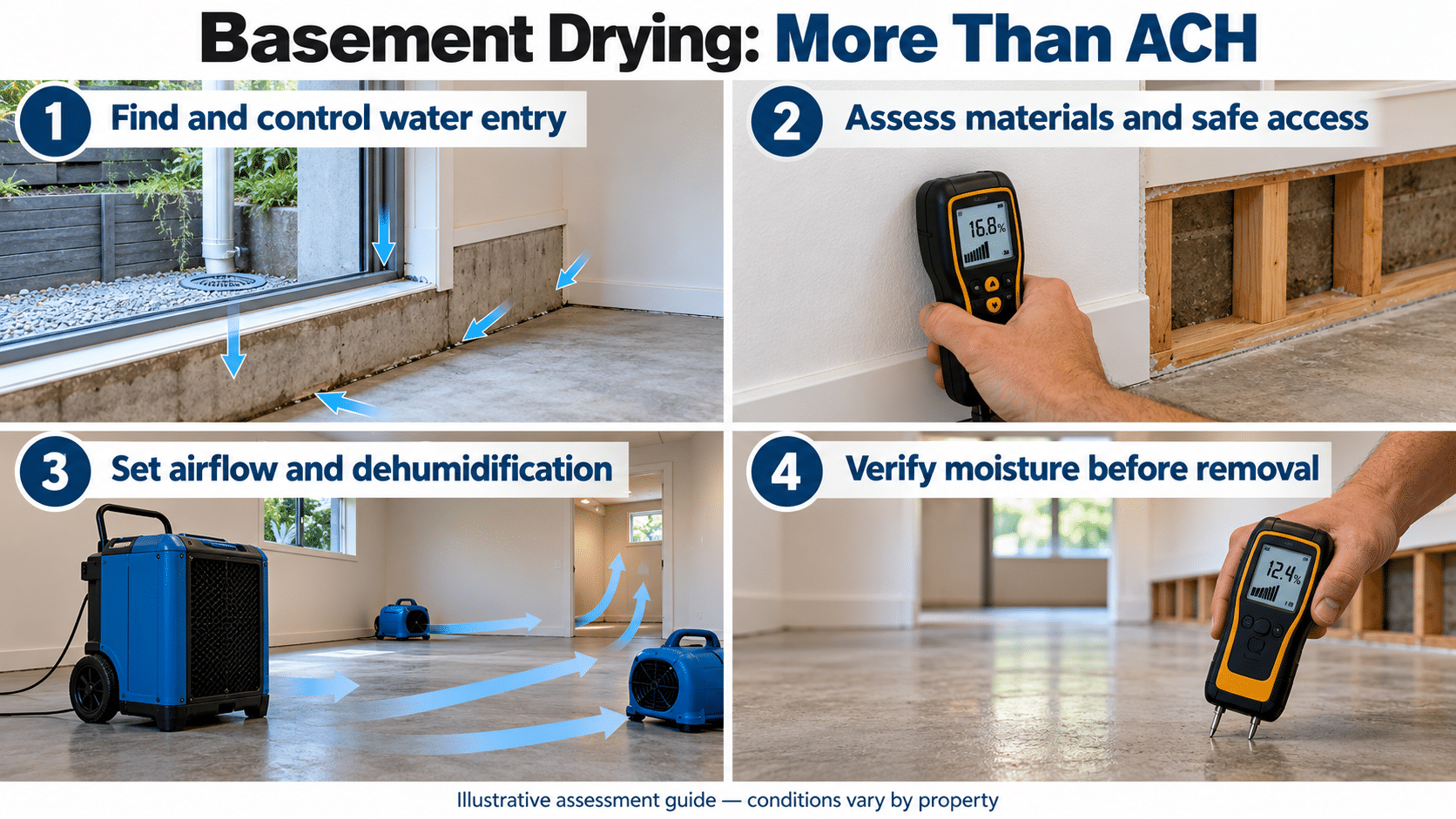 Illustrative basement drying guide showing water-entry control, material assessment, airflow and dehumidification, and moisture verification before equipment removal