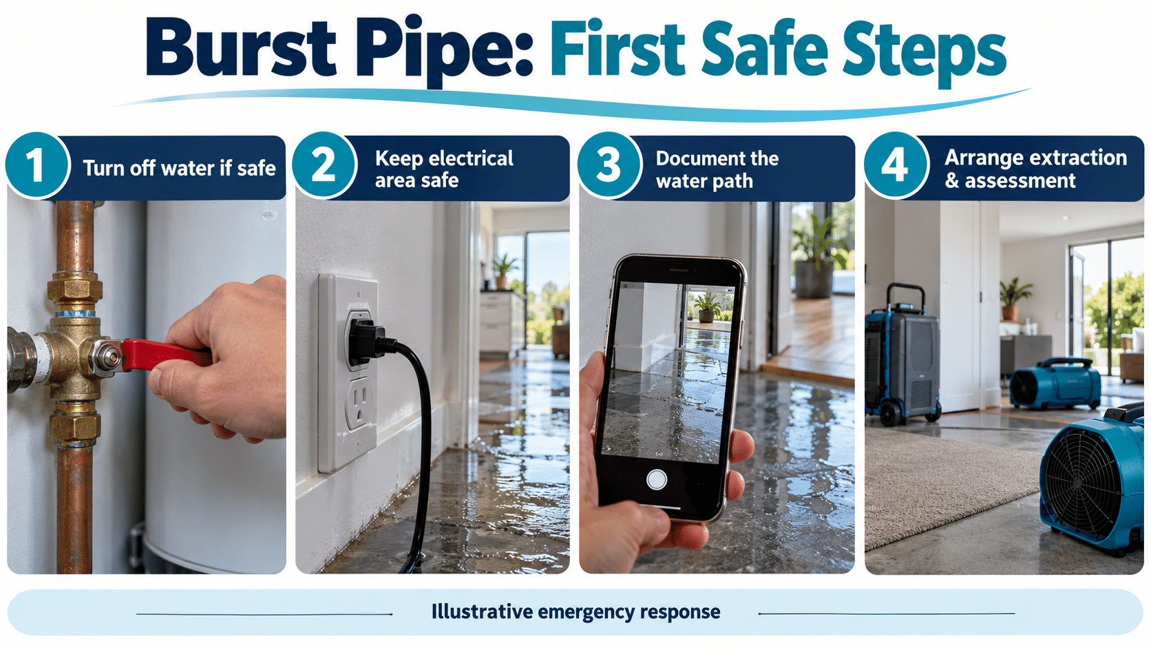 Illustrative burst-pipe first safe steps: isolate water if safe, protect from electrical hazards, document the water path, then arrange extraction and assessment