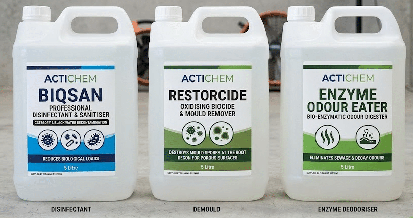 Professional disinfectant, anti-mould and odour-control products used for Category 3 water damage treatment