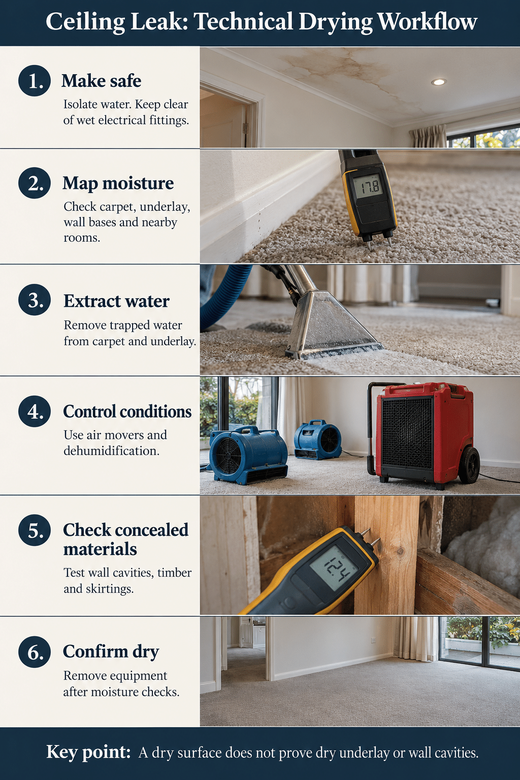 Technical six-step ceiling leak drying workflow showing safety, moisture mapping, extraction, air movers, dehumidification and final moisture checks