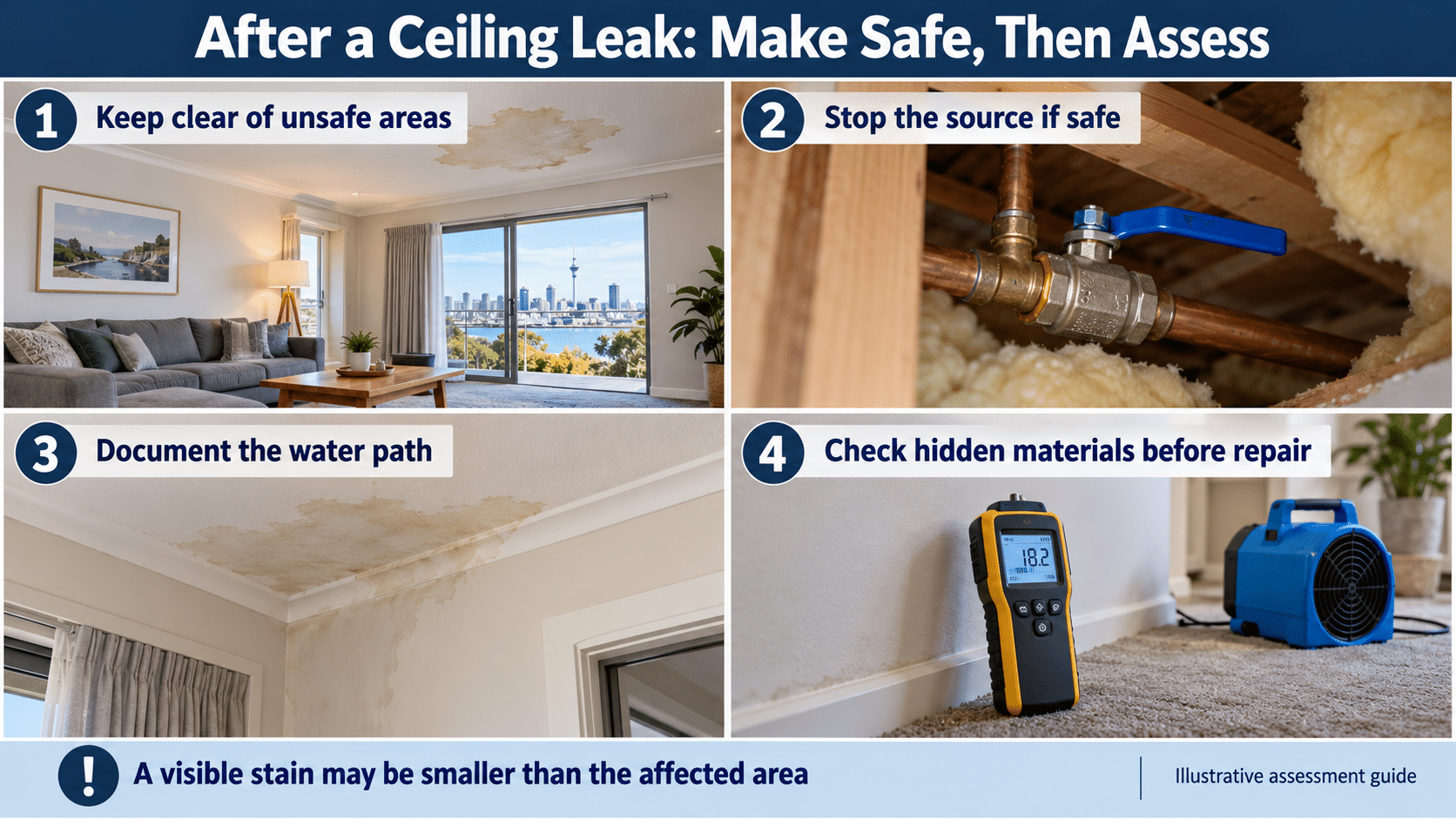 Illustrative ceiling-leak assessment guide showing safe-area control, source control, water-path documentation and hidden-material checks