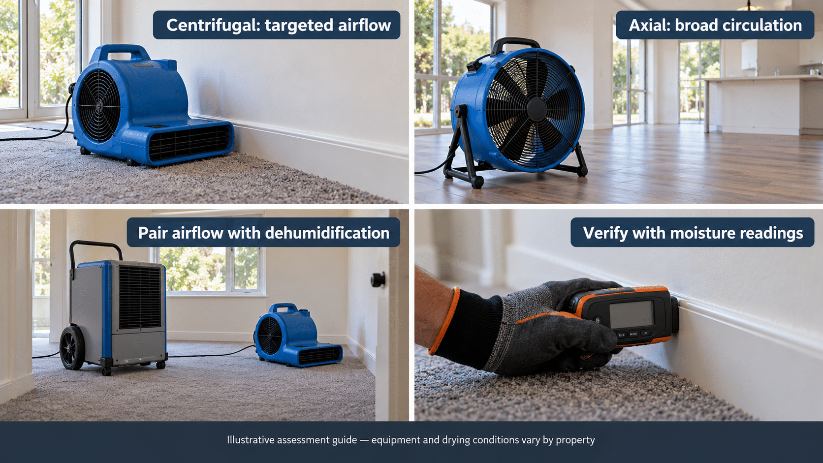 Illustrative comparison of centrifugal and axial air movers, dehumidification and moisture readings in a flood-drying assessment