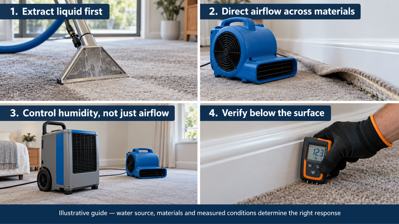 Illustrative guide to extraction, directed airflow, dehumidification and moisture checks when drying wet carpet