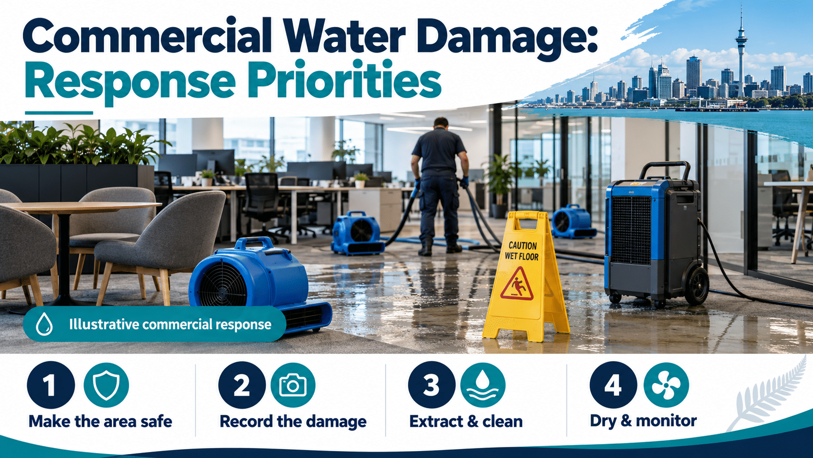 Commercial water damage response priorities shown with real Auckland restoration equipment and drying photos