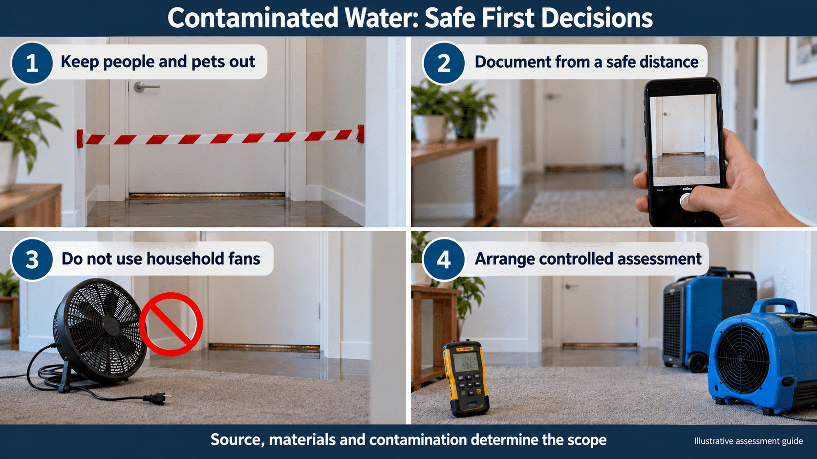 Illustrative contaminated-water safety guide showing isolation, documentation from a safe distance, no household fans and controlled assessment