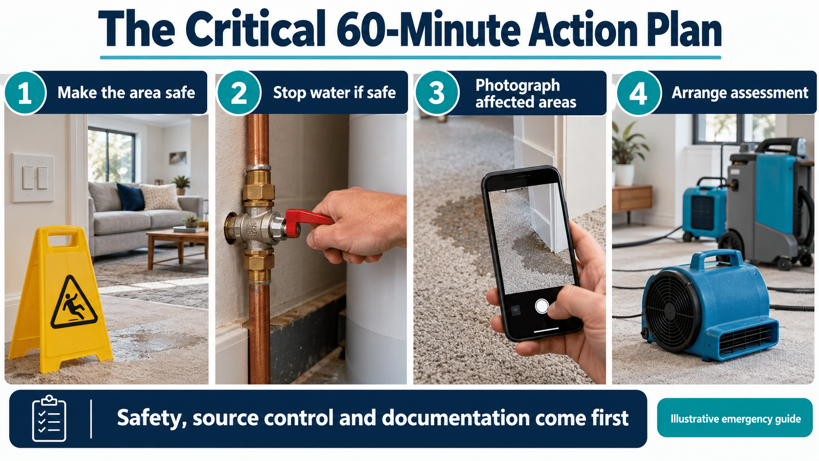 Illustrative first 60-minute response guide: make the area safe, stop water if safe, photograph affected areas, and arrange extraction and moisture assessment