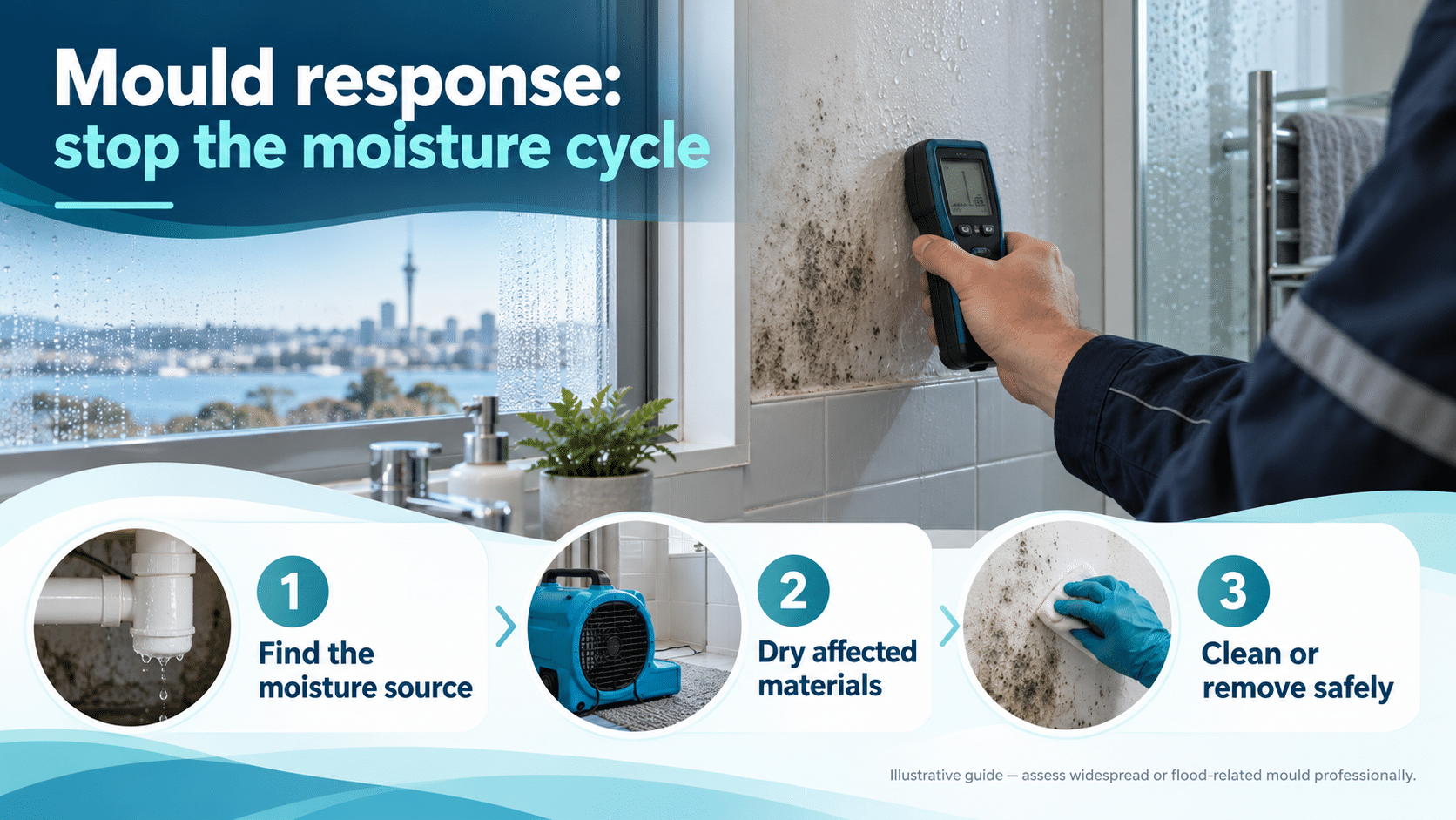 Illustrative mould response showing moisture source control, drying affected materials and safe cleaning or removal