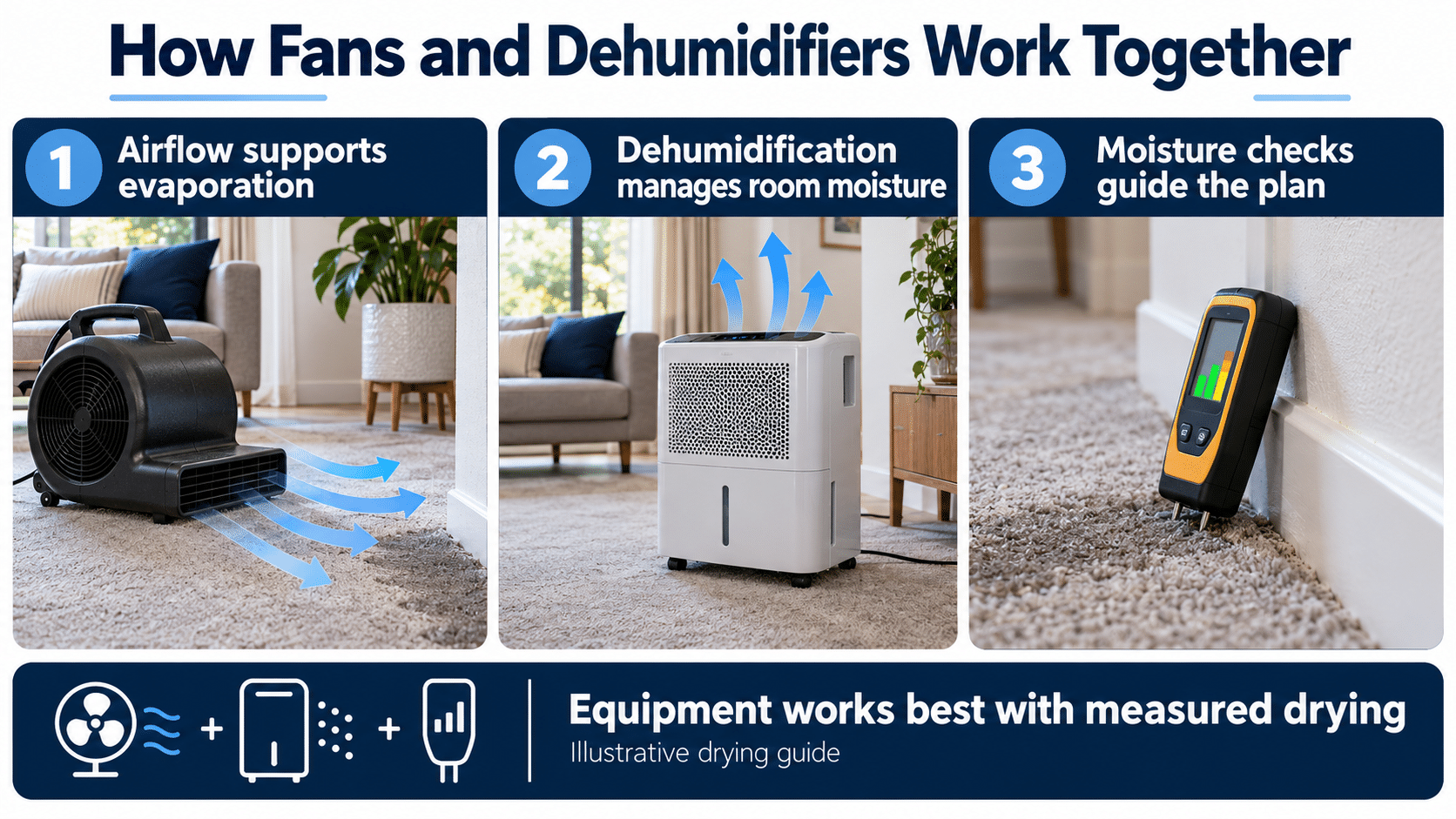 Illustrative guide showing how airflow, dehumidification and moisture checks work together in a controlled drying plan