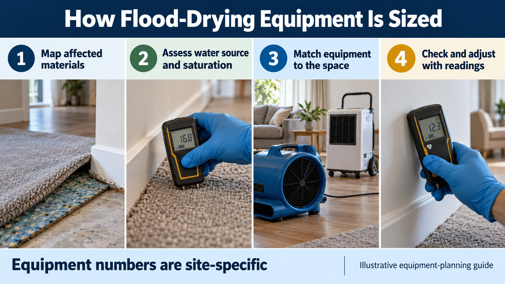 Illustrative guide to sizing flood-drying equipment: assess materials, water source and saturation, room conditions, and repeat moisture readings