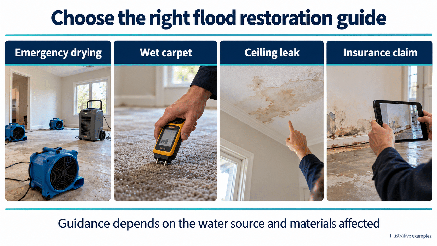 Illustrative Auckland flood restoration guide selector for emergency drying, wet carpet, ceiling leaks and insurance claims