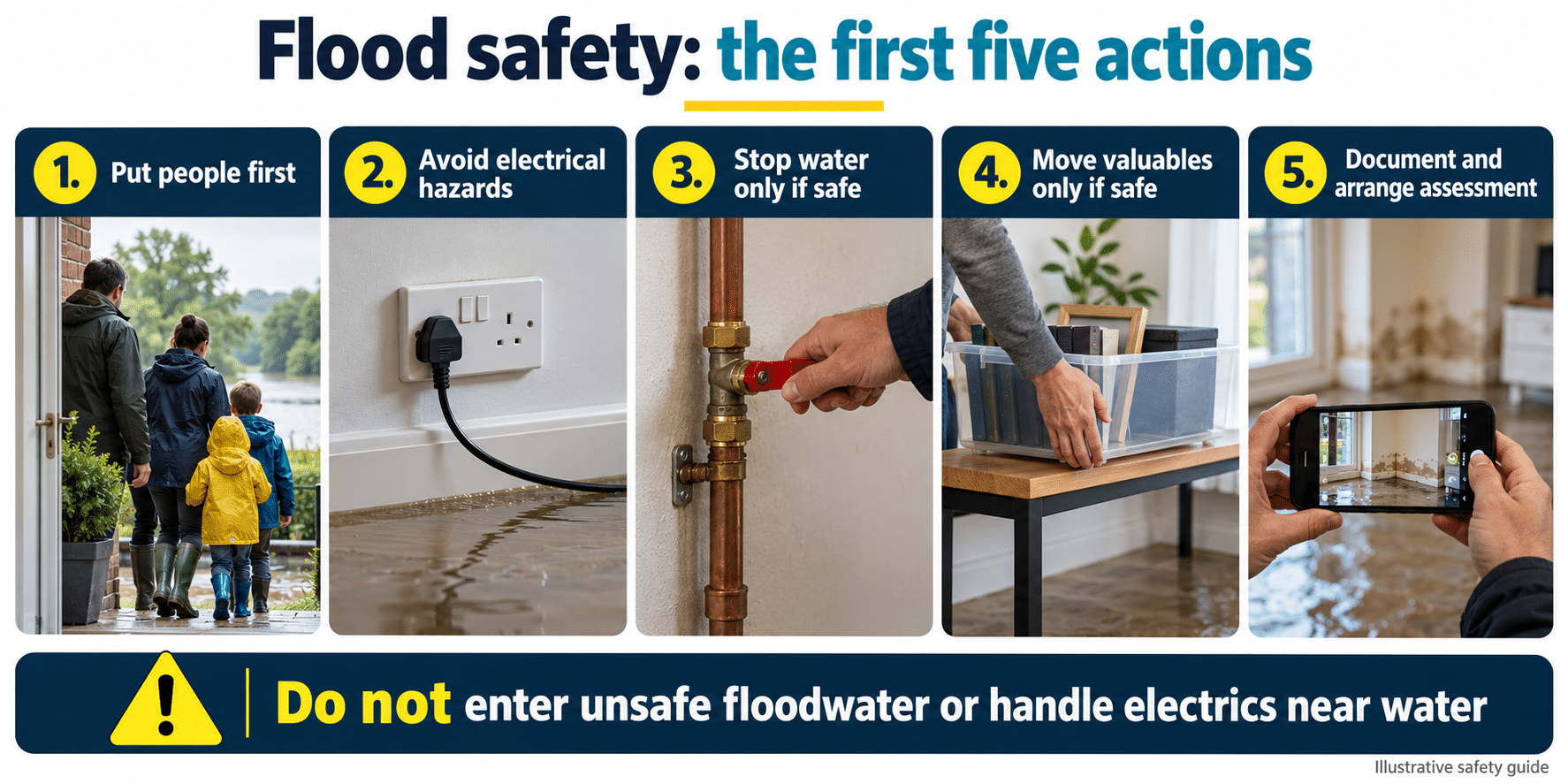 Flood-safety actions after water damage: protect, document, sort, dry and assess